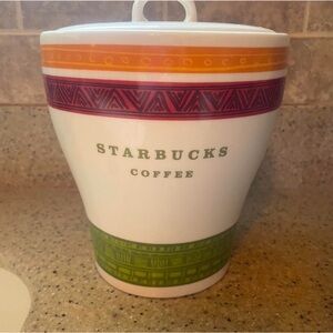 Starbucks Ceramic Canister with Green, Orange, and Red Bands